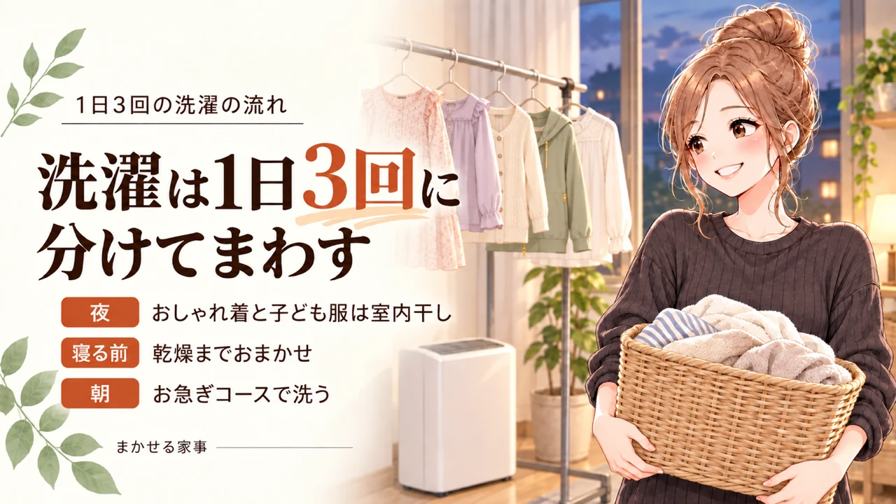 洗濯を1日3回に分ける流れ 夜は室内干し 寝る前は乾燥まで 朝はお急ぎコース