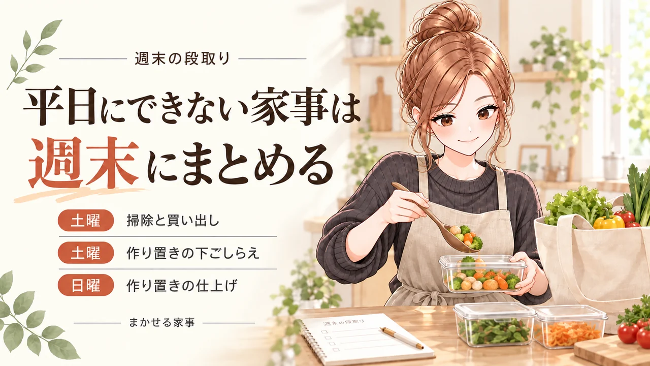 平日にできない家事を週末にまとめる段取りは土曜の掃除と買い出しと土日に分けた作り置き