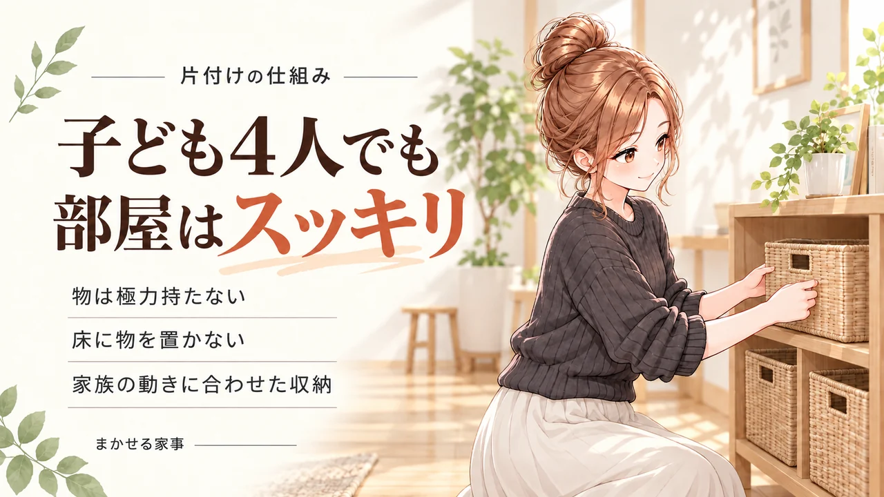 子ども4人でも部屋がスッキリ片付く仕組みは物を持たないことと床に置かないことと家族の動きに合わせた収納