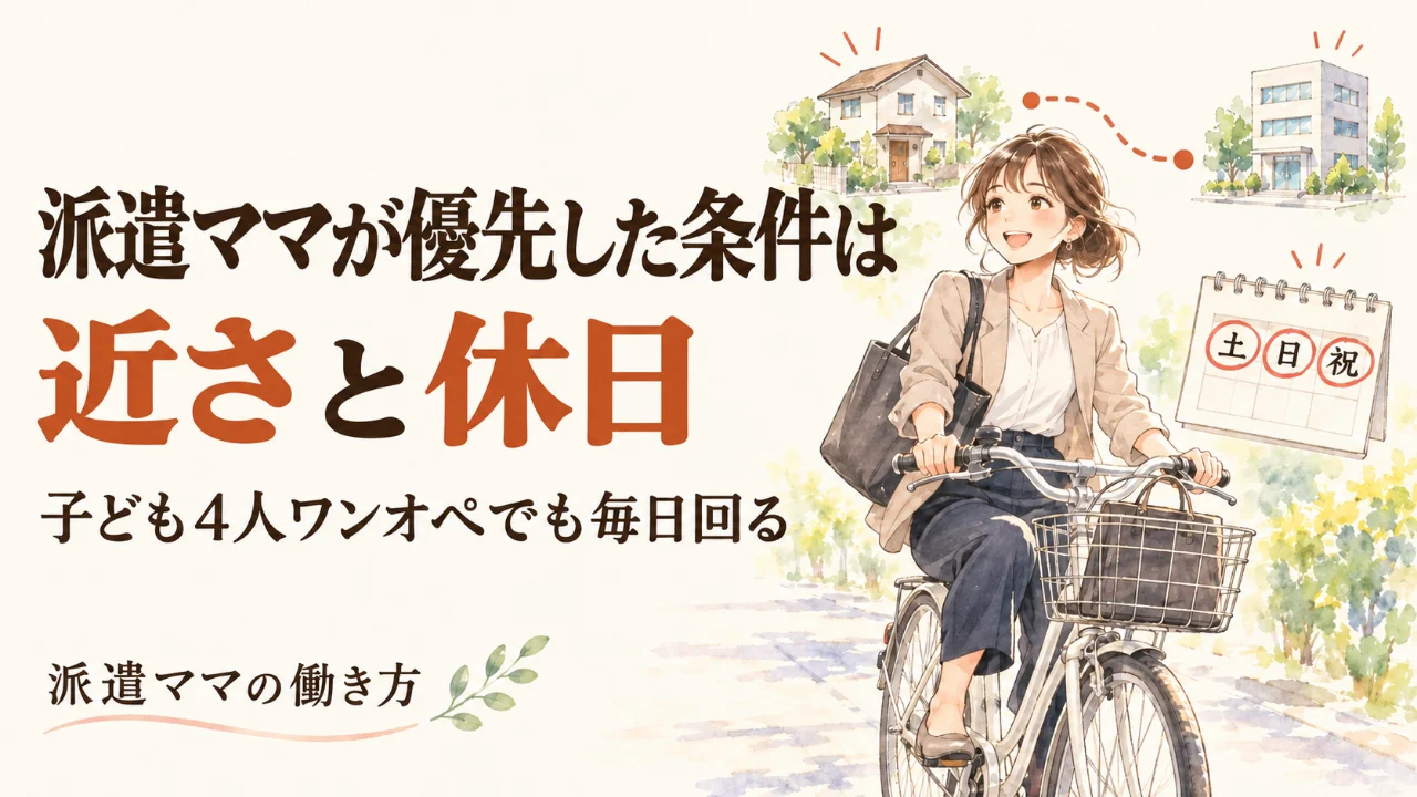 子ども4人をワンオペで育てる派遣ママが優先した条件は近さと休日 家から近く土日祝休みの職場へ自転車で通勤するイラスト